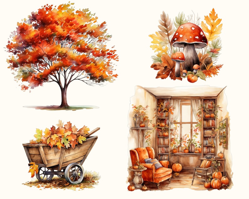 Höstscener - Akvarell höst ClipArt Set - Höst Clipart - Höstillustrationer - Grafik - Kommersiell licens - Höststuga - Höst och hösthelg bild 3