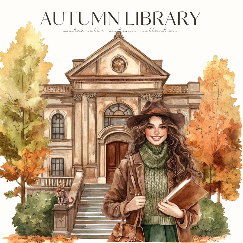 May include: Watercolor illustration of a woman in front of a library. She wears a brown hat, green sweater, and brown coat, holding a book and bag. The image has the text "AUTUMN LIBRARY" and "watercolor autumn collection". The library is a light brown color.