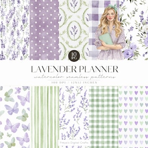 May include: A digital art collection featuring watercolor seamless patterns. The designs include lavender sprigs, polka dots, gingham, and butterflies in shades of purple and green. The text reads "Lavender Planner" and "12x12 inches".