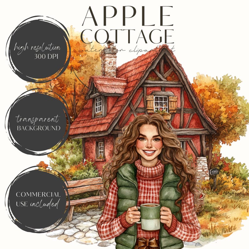 Akvarell mysig höst Clipart, höst PNG, höstvibbar, röd lada, mysig gård, höstäppelskörd, digitala klistermärken, scrapbooking, kommersiell bild 9