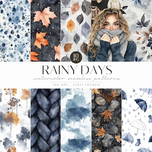 Op de afbeelding: Een verzameling van tien naadloze aquarelpatronen met een thema van regenachtige dagen. De patronen bevatten afbeeldingen van bladeren, regen en gebreide texturen. De tekst "Rainy Days" wordt weergegeven in een decoratief lettertype, met afmetingen van 30,48 cm x 30,48 cm.