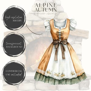 May include: Watercolor illustration of a traditional dirndl dress with a brown bodice, white skirt, and green trim. The dress is set against a backdrop of a stone fireplace with a fire burning inside.