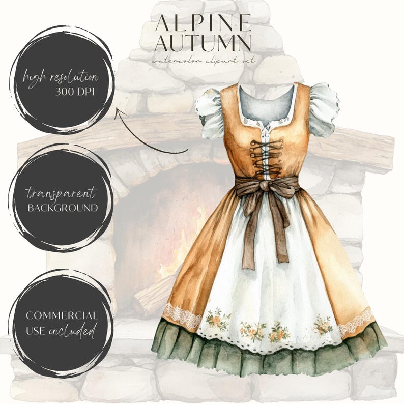 May include: Watercolor illustration of a traditional dirndl dress with a brown bodice, white skirt, and green trim. The dress is set against a backdrop of a stone fireplace with a fire burning inside.