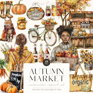Otoño acogedor, Clipart de mercado otoñal en acuarela, Gráficos PNG de otoño acogedor, Chica acogedora, Calabaza, Orgánico, Vegetariano, Cottagecore, Licencia comercial