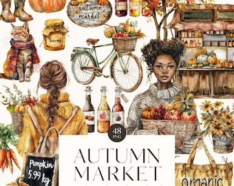 Otoño acogedor, Clipart de mercado otoñal en acuarela, Gráficos PNG de otoño acogedor, Chica acogedora, Calabaza, Orgánico, Vegetariano, Cottagecore, Licencia comercial