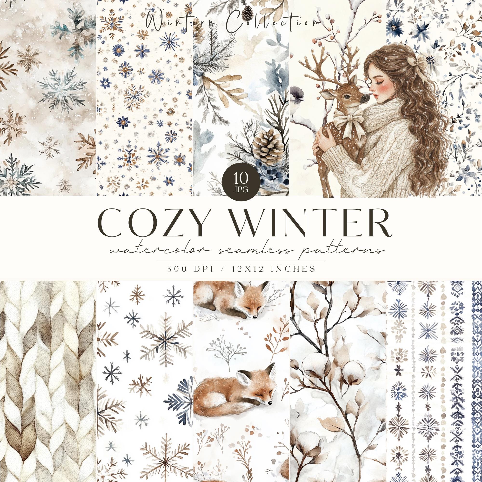 Cozy Winter Seamless Patterns, Neutral, Watercolor Snowflake, Beige, Coziness, Seasonal Infinite Pattern, Scrapbooking, Digital Paper