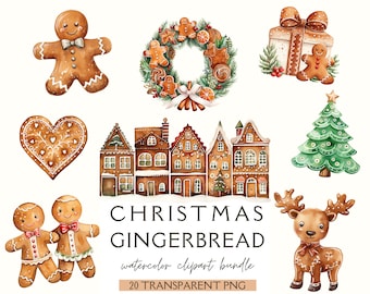 Puede incluir: Un conjunto de 20 imágenes de clipart de jengibre acuarela, que incluyen una persona de jengibre, una galleta de jengibre en forma de corazón, una casa de jengibre, una corona de jengibre, una caja de regalo de jengibre, un reno de jengibre y un árbol de Navidad de jengibre. Las imágenes están todas sobre un fondo blanco.