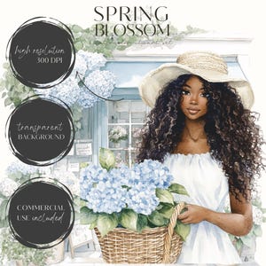May include: A watercolor illustration of a woman with long curly hair wearing a white dress and a straw hat. She is holding a basket of blue hydrangeas in front of a blue building with a window. The text "SPRING BLOSSOM" is written above the image.