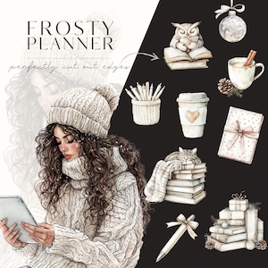K&ouml;nnte beinhalten: Eine Aquarell-Illustration einer Frau, die einen wei&szlig;en Strickpullover und eine M&uuml;tze tr&auml;gt und ein Tablet h&auml;lt. Die Illustration ist umgeben von anderen winterlichen Illustrationen, darunter ein Stapel B&uuml;cher, eine Tasse hei&szlig;e Schokolade, eine Katze und ein Weihnachtsbaumschmuck.