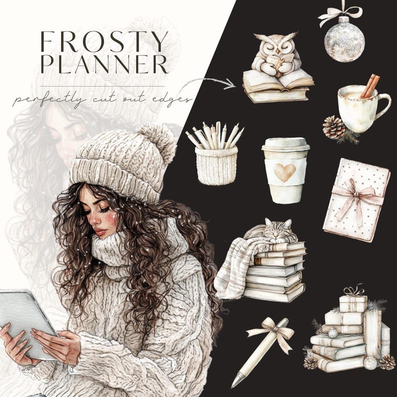 K&ouml;nnte beinhalten: Eine Aquarell-Illustration einer Frau, die einen wei&szlig;en Strickpullover und eine M&uuml;tze tr&auml;gt und ein Tablet h&auml;lt. Die Illustration ist umgeben von anderen winterlichen Illustrationen, darunter ein Stapel B&uuml;cher, eine Tasse hei&szlig;e Schokolade, eine Katze und ein Weihnachtsbaumschmuck.