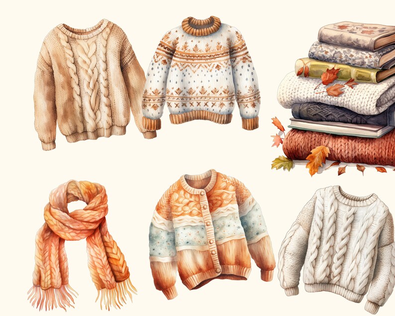Op de afbeelding: Een verzameling gebreide truien, vesten en een sjaal in verschillende tinten bruin, beige en wit. De truien hebben verschillende patronen, waaronder kabelbreien, fair isle en een eenvoudig breipatroon. De sjaal is een lange, dunne, oranje sjaal met franjes.