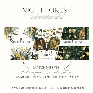 May include: A digital illustration set featuring a watercolour night forest theme. The set includes floral arrangements, clipart, and seamless patterns. The illustrations feature owls, butterflies, and glowing lanterns.