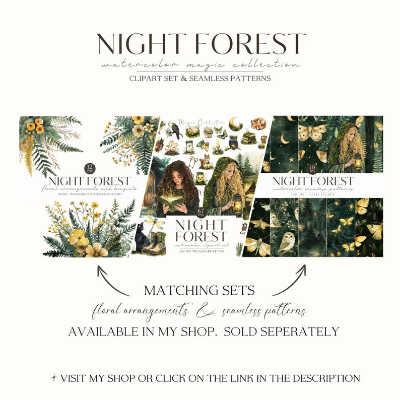 May include: A digital illustration set featuring a watercolour night forest theme. The set includes floral arrangements, clipart, and seamless patterns. The illustrations feature owls, butterflies, and glowing lanterns.
