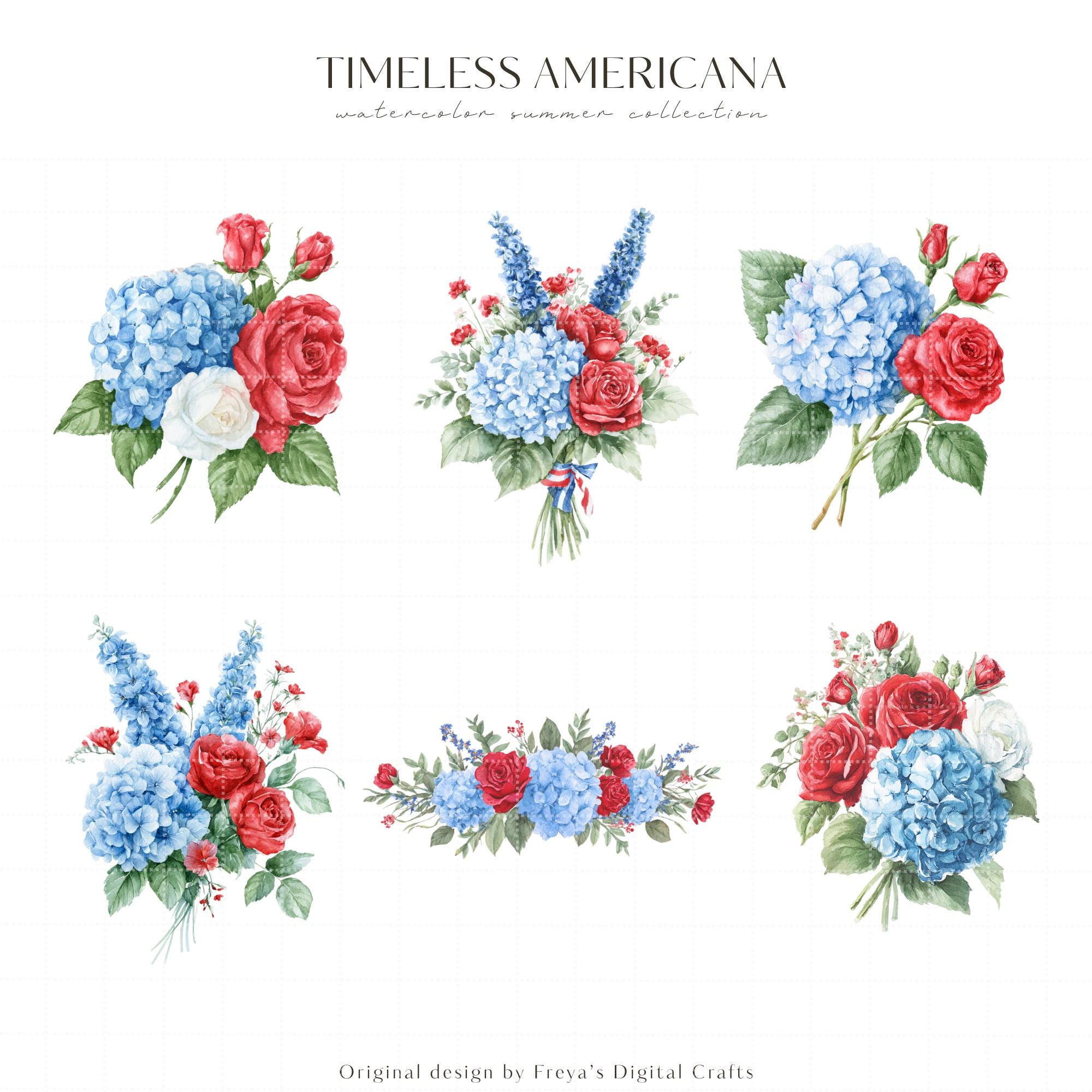 Watercolor 4th of July Floral Clipart, Hydrangea Roses PNG, Patriotic ...
