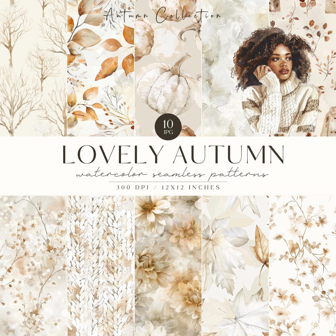 Watercolor Cozy Autumn Rustic Seamless Patterns, Neutral Fall JPG ...