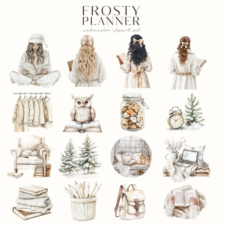 K&ouml;nnte beinhalten: Ein Set mit Aquarell-Illustrationen mit winterlichen Motiven, darunter eine Frau, die ein Buch liest, eine Schnee-Eule, ein Glas mit Keksen, ein gem&uuml;tlicher Sessel, ein Paar B&auml;ume, ein Laptop, ein Stapel B&uuml;cher, ein Stiftehalter, ein Rucksack und eine Person, die ein Buch liest. Die Illustrationen sind in einer weichen, gedeckten Farbpalette gehalten und haben eine verspielte, gem&uuml;tliche Atmosph&auml;re.
