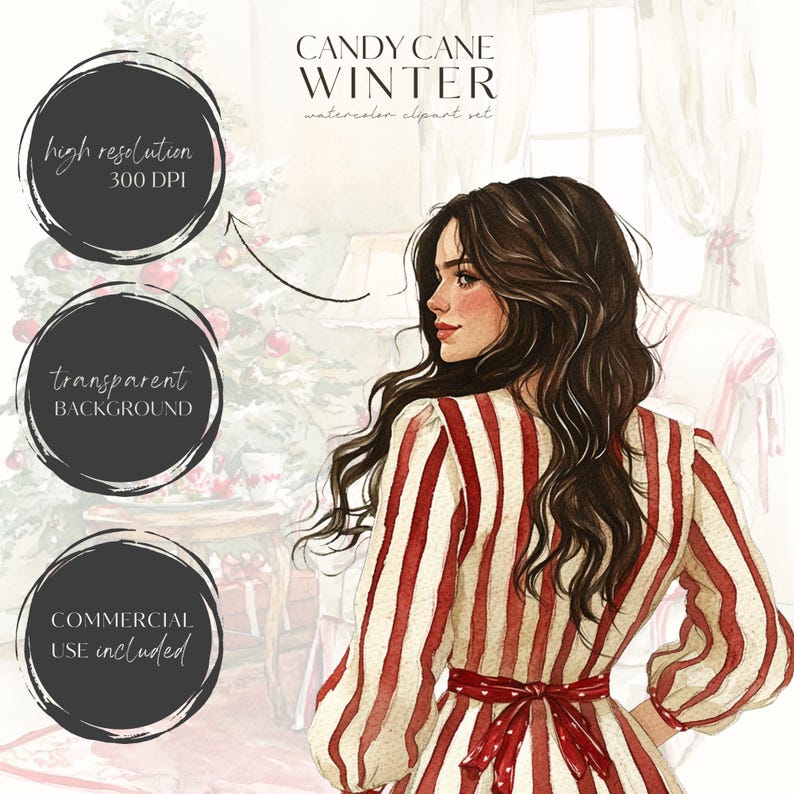 May include: A watercolour illustration of a woman wearing a red and white striped dress with a red bow. The woman has long brown hair and is standing in front of a Christmas tree. The text "CANDY CANE WINTER watercolour clipart set" is at the top of the image.