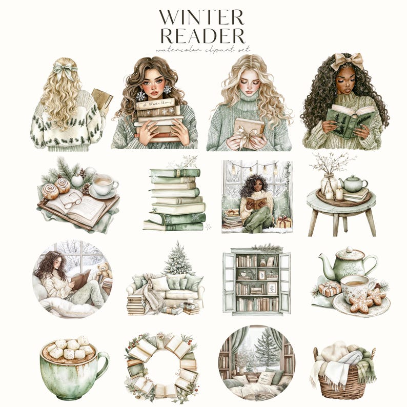 May include: A set of watercolour illustrations featuring women reading books in winter settings. The illustrations include cosy scenes with fireplaces, bookshelves, and cups of hot chocolate. The illustrations are perfect for adding a touch of winter charm to your projects.
