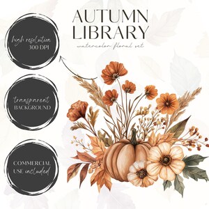 Watercolor Autumn Floral Clipart, Rustic Fall Floral Bouquet, Fall Pumpkin PNG, Wedding Invite, Digital Stickers, Scrapbook, Commercial Use image 7