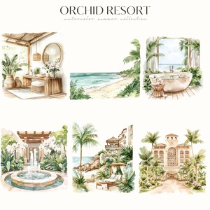 May include: Watercolor illustrations of a tropical resort with a pool, a spa, a beach, and a hotel. The illustrations are in a light and airy style, with a focus on the natural beauty of the resort.