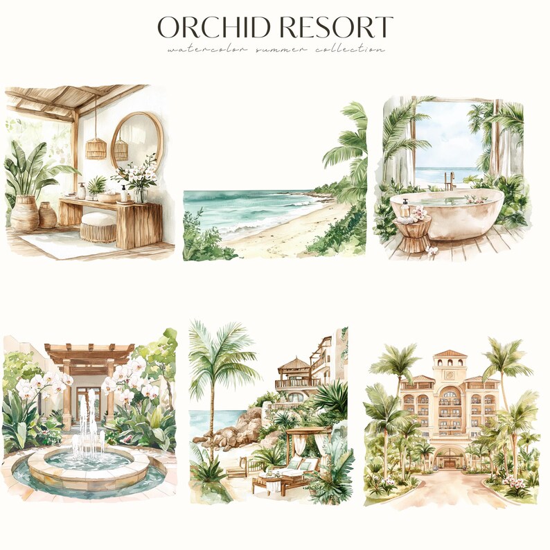 May include: Watercolor illustrations of a tropical resort with a pool, a spa, a beach, and a hotel. The illustrations are in a light and airy style, with a focus on the natural beauty of the resort.