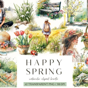 Clipart printemps aquarelle - clipart floral-joyeux printemps-journal indésirable-scrapbook-aquarelle jardin douillet printemps-autocollants numériques-usage commercial