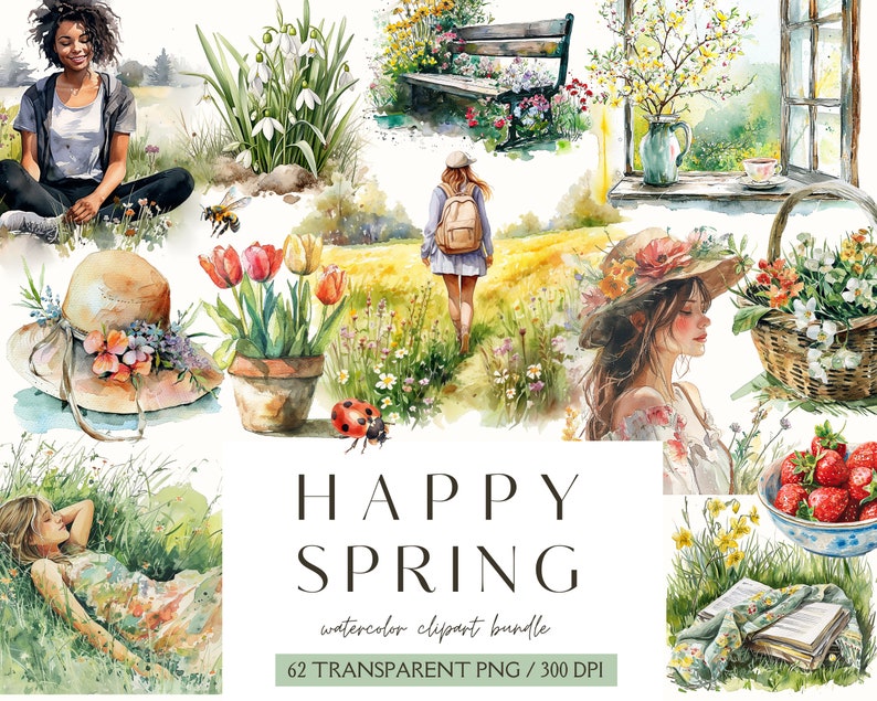 Watercolor Spring ClipArt- Happy Spring-Floral Clipart-Junk Journal-Scrapbook-Watercolor Garden-Cozy Spring-Digital Stickers-Commercial Use image 1