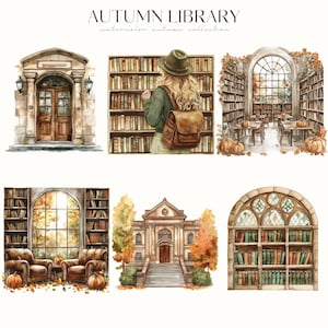 May include: Watercolor illustrations of an autumn library collection. The images depict library scenes with bookshelves, pumpkins, and fall foliage. One image shows a person browsing books. The text "AUTUMN LIBRARY" is at the top.