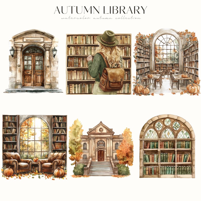 May include: Watercolor illustrations of an autumn library collection. The images depict library scenes with bookshelves, pumpkins, and fall foliage. One image shows a person browsing books. The text "AUTUMN LIBRARY" is at the top.