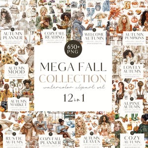 Clipart de otoño acogedor, paquete grande, paquete XX, clipart de otoño neutro en acuarela, gráficos PNG de temporada, ternura, pegatinas digitales, comercial
