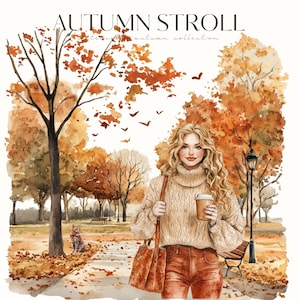 May include: Watercolor illustration of a woman in a beige sweater and brown pants, holding a coffee cup, walking in a park with autumn foliage. The image has the text "AUTUMN STROLL" and "aesthetic autumn collection".