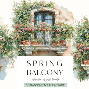 Balcone primaverile ad acquerello, casa primaverile, clipart primaverile, grafica PNG primaverile, scenario primaverile, adesivi digitali, album di ritagli, download istantaneo