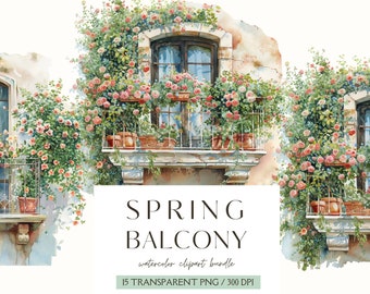 Aquarel lente balkon, lentehuis, lente clipart, lente png-graphics, lentelandschap, digitale stickers, plakboek, Instant Download