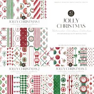 Watercolor Christmas Digital Paper Collection: Preppy Plaid Stripes & Bows Seamless Patterns (Scrapbook and Junkjournal JPG, Commercial Use)