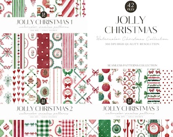 Aquarell Weihnachten Digitale Papiersammlung: Karierte Streifen & Bögen Muster (Scrapbook und Junkjournal JPG, Kommerzielle Nutzung)