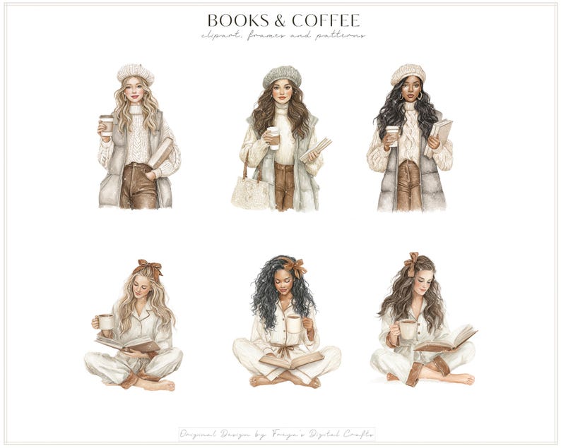 K&ouml;nnte beinhalten: Ein digitales Illustrationsset mit dem Titel BOOKS & COFFEE, das sechs verschiedene Figuren zeigt. Die obere Reihe zeigt drei Figuren in beigen Westen, Pullovern und Baskenm&uuml;tzen mit Kaffeetassen und B&uuml;chern. Unten drei Figuren in Loungewear.