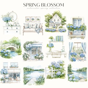 May include: A collection of watercolor illustrations featuring a spring theme. The illustrations depict a white house with a blue door, a bridge over a stream, a flower shop, a lake with a dock, a window with hydrangeas, a bookshelf with books, a white dresser, a white couch, and a white fence with hydrangeas.