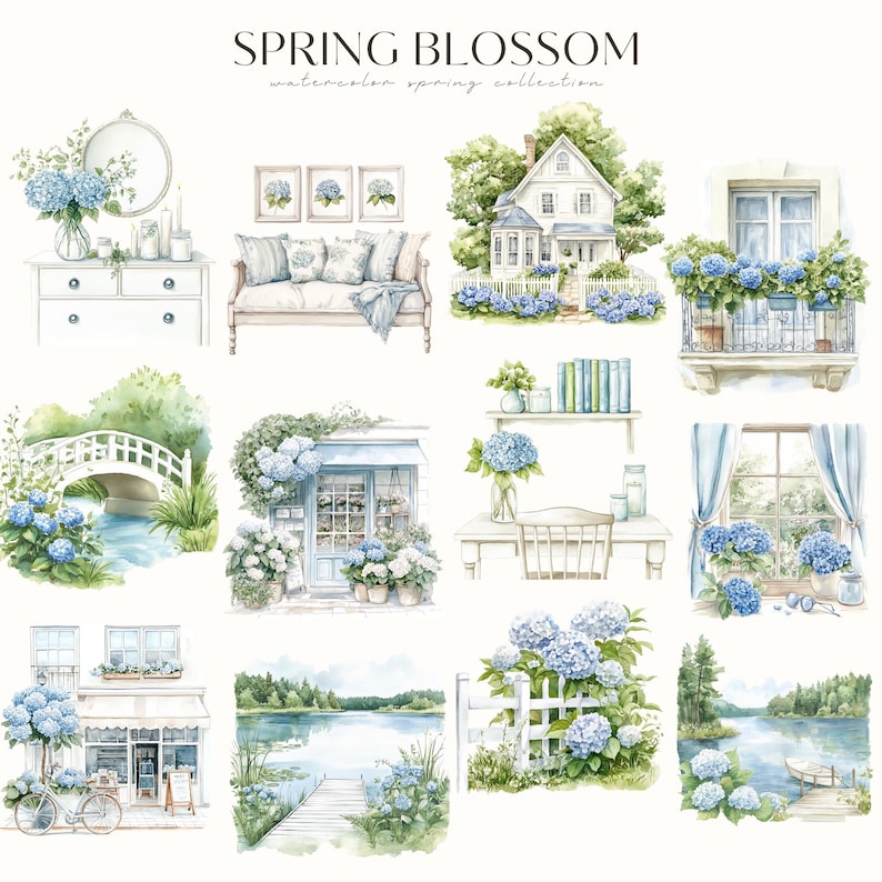 May include: A collection of watercolor illustrations featuring a spring theme. The illustrations depict a white house with a blue door, a bridge over a stream, a flower shop, a lake with a dock, a window with hydrangeas, a bookshelf with books, a white dresser, a white couch, and a white fence with hydrangeas.