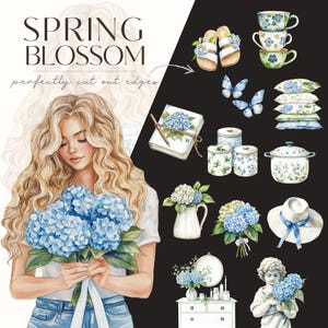 May include: A watercolor illustration of a woman holding a bouquet of blue hydrangeas. The illustration is surrounded by other watercolor illustrations of hydrangeas, kitchenware, and other spring-themed items. The text "SPRING BLOSSOM" is at the top of the image.
