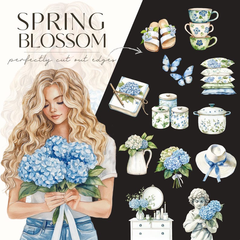 May include: A watercolor illustration of a woman holding a bouquet of blue hydrangeas. The illustration is surrounded by other watercolor illustrations of hydrangeas, kitchenware, and other spring-themed items. The text "SPRING BLOSSOM" is at the top of the image.