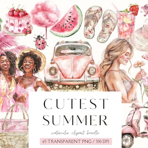 Imágenes prediseñadas de verano rosa-Gráficos de verano femeninos de acuarela-Cottagecore-Elementos PNG de verano-Cóctel floral de playa-Diario basura-Pegatinas-Comercial