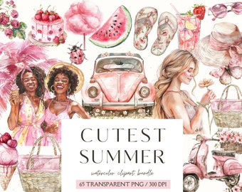 Pink Summer ClipArt-Watercolor Girly Summer Graphics-Cottagecore-Summer PNG Elements-Floral Beach Cocktail-Junk Journal-Stickers-Commercial