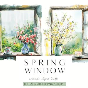 Bundle de cliparts printemps fenêtre, printemps aquarelle, PNG Design printemps, graphiques de printemps, paysages de printemps, autocollants numériques, scrapbooking