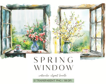 Lente venster weergave clipartbundel, aquarel lente, png-ontwerp lente, lente graphics, lentelandschap, digitale stickers, scrapbooking