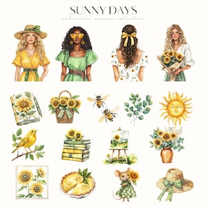 May include: Watercolor illustrations of summer themed items, including women, sunflowers, bees, a lemon pie, a mouse, a book, a sun, a hat, and a painting. The text "SUNNY DAYS watercolor summer collection" is at the top of the image.