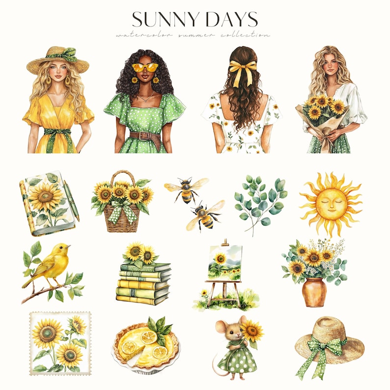 May include: Watercolor illustrations of summer themed items, including women, sunflowers, bees, a lemon pie, a mouse, a book, a sun, a hat, and a painting. The text "SUNNY DAYS watercolor summer collection" is at the top of the image.