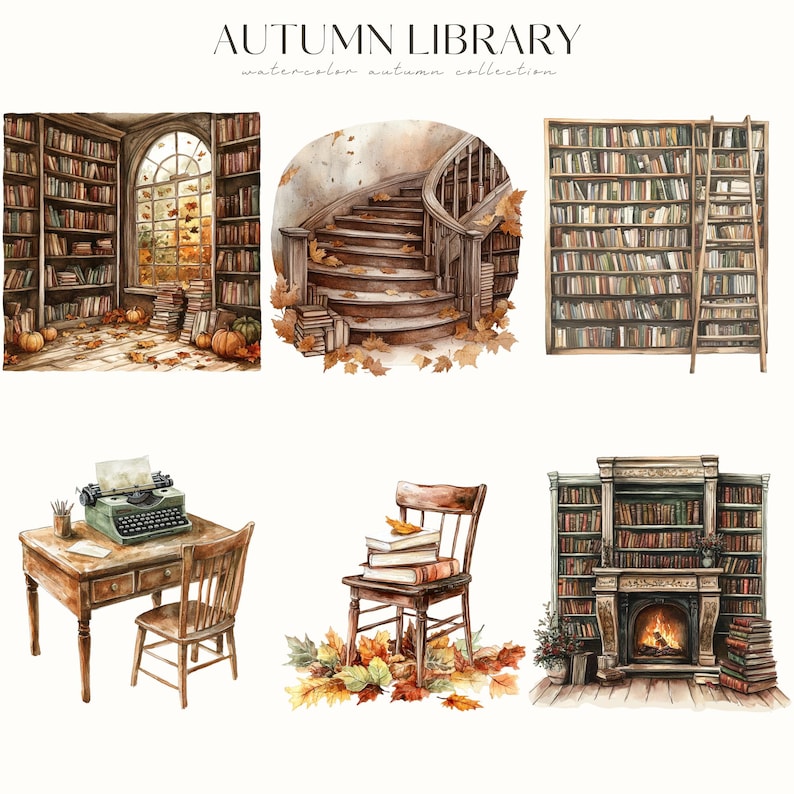 May include: Watercolor illustrations of an autumn library scene. The image features a library with bookshelves, a staircase, a desk with a typewriter, a chair with books, and a fireplace. The text "AUTUMN LIBRARY" is at the top.