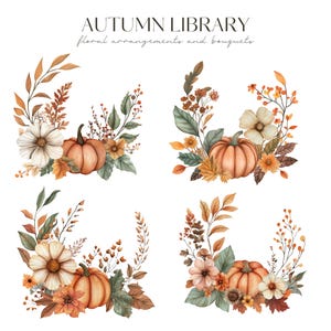 Watercolor Autumn Floral Clipart, Rustic Fall Floral Bouquet, Fall Pumpkin PNG, Wedding Invite, Digital Stickers, Scrapbook, Commercial Use image 4