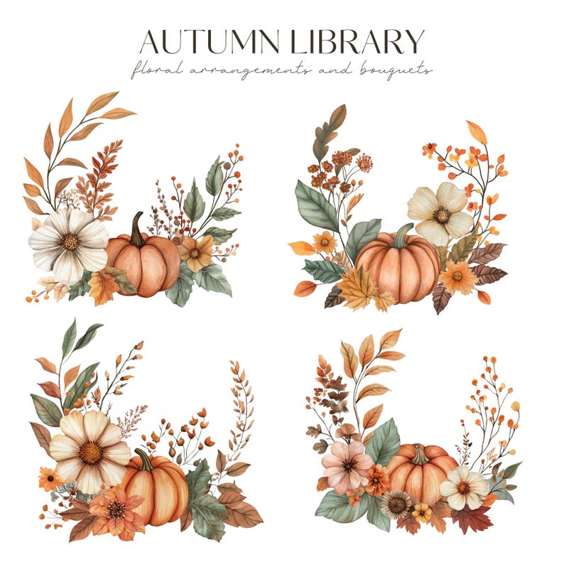 Watercolor Autumn Floral Clipart, Rustic Fall Floral Bouquet, Fall Pumpkin PNG, Wedding Invite, Digital Stickers, Scrapbook, Commercial Use image 4