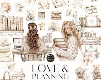 May include: A watercolor clipart set with a love and planning theme. The set includes 72 images of various objects, including books, hearts, flowers, a bicycle, a teddy bear, a typewriter, a coffee cup, a laptop, a woman, and a paper airplane. The images are in shades of brown, beige, and white.